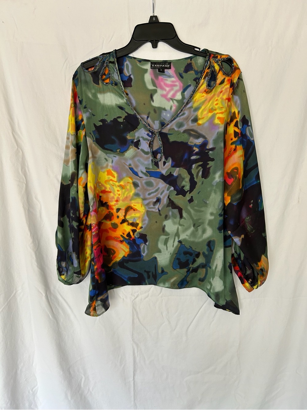 Rampage Watercolor Floral Sheer Blouse Beaded Cutout Top Size M